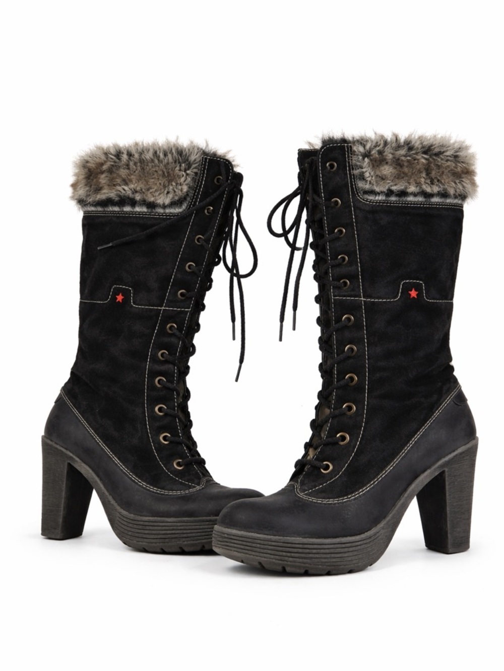 Cubanas Manjuari 1200 Mode Black Fur Trim Lace Up Heeled Boots Women’s Size 9